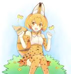  1girl :d animal animal_ears bare_shoulders blue_background blue_outline blush bow bowtie bush butterfly cat_ears cat_tail clenched_hands cross-laced_clothes dot_nose elbow_gloves eyebrows_visible_through_hair eyelashes flower gloves hair_between_eyes hands_up highres kemono_friends knees_together_feet_apart light_brown_eyes looking_at_another looking_to_the_side looking_up midori_maccha motion_lines multicolored multicolored_background open_mouth orange_hair outdoors outline paw_pose serval_(kemono_friends) serval_ears serval_print serval_tail shirt short_hair simple_background sitting skirt sleeveless sleeveless_shirt smile striped_tail tail tareme thigh-highs two-tone_background white_background white_shirt yellow_eyes yellow_flower 