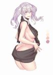  1girl aran_sweater ass backless_outfit bare_back black_sweater blue_eyes breasts butt_crack color_palette cropped_legs dress from_side kantai_collection kashima_(kantai_collection) large_breasts looking_to_the_side meme_attire naked_sweater open-back_dress sideboob sidelocks silver_hair solo sweater sweater_dress turtleneck turtleneck_sweater twintails virgin_killer_sweater white_background yuuji_(and) 