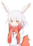  1girl bangs bird_tail blunt_bangs buttons collar commentary coupon_(skyth) crested_ibis_(kemono_friends) dot_nose drawstring eating expressionless eyebrows_visible_through_hair feathered_wings feathers food frilled_sleeves frills fur_collar gloves gradient_hair hands_up head_wings holding holding_food japari_bun kemono_friends long_sleeves looking_away looking_down multicolored_hair red_gloves redhead shirt short_hair short_hair_with_long_locks sidelocks simple_background solo tail tsurime two-tone_hair upper_body white_background white_hair white_shirt wide_sleeves wings yellow_eyes 