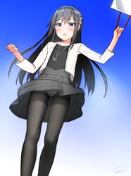  1girl asashio_(kantai_collection) black_hair black_legwear blue_eyes blush cosplay crotch_seam haruna_(kantai_collection) haruna_(kantai_collection)_(cosplay) jewelry kantai_collection kanzaki_muyu long_hair necklace open_mouth panties panties_under_pantyhose pantyhose skirt solo underwear white_panties 