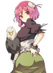  1girl ass bandaged_arm bird bun_cover chains cuffs double_bun eagle flower from_behind green_skirt hair_bun hasebe_yuusaku ibaraki_kasen looking_at_viewer looking_back parted_lips pink_eyes pink_hair pink_rose puffy_short_sleeves puffy_sleeves rose shackles short_hair short_sleeves skirt touhou 