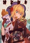  1girl ahoge blonde_hair blush eyebrows_visible_through_hair fate/extra fate_(series) floral_print flower food gloves green_eyes hair_ornament hakui_(b600723) highres holding holding_food japanese_clothes kimono lace lace-trimmed_gloves looking_away looking_to_the_side mouth_hold obi red_gloves rose saber_extra sash short_hair smile solo sparkle teeth 