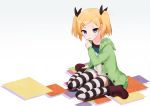  1girl black_bow blonde_hair blue_eyes boots bow eating eyebrows_visible_through_hair food hair_bow highres looking_at_viewer medium_hair okayparium pocky shirobako solo striped striped_legwear sweater thigh-highs yano_erika 