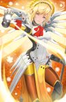  1girl aegis aegis_(persona) angel angel_wings armband blonde_hair bodysuit breasts cosplay gloves highres looking_at_viewer mechanical_halo mechanical_parts mechanical_wings medium_breasts mercy_(overwatch) mercy_(overwatch)_(cosplay) overwatch parted_lips pelvic_curtain persona persona_3 short_hair solo staff thighs wings 