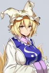  1girl bangs blonde_hair blush breast_hold breasts closed_mouth fox_tail frills from_side hair_between_eyes hands_in_sleeves hat highres large_breasts long_sleeves looking_at_viewer looking_to_the_side multiple_tails pillow_hat poshi_(ginmokusei) short_hair smile solo tabard tail tassel touhou wide_sleeves yakumo_ran yellow_eyes 
