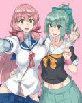  2girls :d akashi_(kantai_collection) asymmetrical_docking blue_skirt blush bow breast_press breasts evuoaniramu folded_ponytail green_eyes green_hair green_skirt grey_hair hair_bow hair_ribbon hand_on_another&#039;s_hip hip_vent kantai_collection large_breasts long_hair long_sleeves looking_at_viewer midriff multiple_girls open_mouth pink_hair pleated_skirt ribbon school_uniform self_shot serafuku skirt smile taking_picture tank_top tress_ribbon twintails v yuubari_(kantai_collection) 
