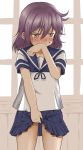  1girl akebono_(kantai_collection) alternate_hair_length alternate_hairstyle blush commentary_request hair_between_eyes hair_down hand_to_own_mouth kantai_collection looking_to_the_side nose_blush purple_hair school_uniform serafuku shino_(ponjiyuusu) short_hair short_sleeves skirt skirt_lift solo sweat sweatdrop thighs violet_eyes window wooden_wall 