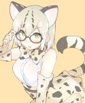  &gt;:o 1girl :o adjusting_glasses animal_ears bare_shoulders black-framed_eyewear blonde_hair blush bow bowtie breast_pocket breasts buttons cat_ears cat_tail elbow_gloves eyebrows eyebrows_visible_through_hair fang glasses gloves gradient_hair green_eyes hair_between_eyes hand_up kemono_friends large_breasts looking_at_viewer margay_(kemono_friends) mobu multicolored_hair open_mouth orange_background pocket sanpaku shirt short_hair simple_background skirt sleeveless sleeveless_shirt solo spotted_hair spotted_skirt striped_tail tail tsurime upper_body white_hair white_shirt 