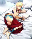  1boy arabian_clothes arm_support ass barefoot bed blonde_hair book chietori closed_mouth cropped_vest earrings fate/grand_order fate_(series) gilgamesh gilgamesh_(caster)_(fate) highres jewelry looking_down lying male_focus on_bed on_side pectorals pillow reading red_eyes short_hair thighs 