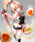  1girl adapted_object bare_shoulders blonde_hair blurry boots bowl butt_crack chopsticks commentary_request dark_excalibur depth_of_field eating egg fate/grand_order fate/stay_night fate_(series) food groin highres navel noodles pork ramen saber saber_alter short_hair short_shorts shorts solo soup suishougensou tank_top yellow_eyes 