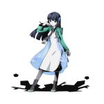  1girl black_hair black_legwear black_necktie blue_eyes blue_flower divine_gate dress floating_hair flower full_body hair_flower hair_ornament hand_in_hair holding holding_phone long_hair looking_at_viewer mahou_shoujo_madoka_magica mahouka_koukou_no_rettousei necktie official_art pantyhose phone see-through shadow shiba_miyuki solo standing transparent_background ucmm white_dress 