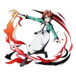  1girl black_necktie brown_eyes chiba_erika divine_gate dress fire full_body green_jacket grin holding jacket looking_at_viewer mahouka_koukou_no_rettousei necktie official_art redhead shadow short_hair smile solo spiky_hair transparent_background ucmm white_dress 