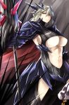  &gt;:( 1girl armor armored_dress armpits artoria_pendragon_alter_(fate/grand_order) breasts cleavage closed_mouth cowboy_shot elusya fate/grand_order fate_(series) from_side gauntlets hair_between_eyes highres holding holding_weapon horns large_breasts long_hair looking_at_viewer looking_to_the_side midriff navel pauldrons rhongomyniad saber saber_alter serious silver_hair solo stomach turtleneck under_boob weapon yellow_eyes 