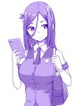  1girl bag blush cellphone closed_mouth collared_shirt hand_up holding holding_phone long_hair looking_to_the_side monochrome original phone purple school_uniform shirt short_sleeves shoulder_bag smartphone solo upper_body vest zaxwu 