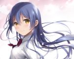  1girl blue_hair blush breasts closed_mouth eyebrows_visible_through_hair floating_hair from_side hair_between_eyes long_hair love_live! love_live!_school_idol_project minyon school_uniform smile solo sonoda_umi upper_body wind yellow_eyes 