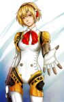  1girl aegis aegis_(persona) arm_at_side blonde_hair blue_eyes bodysuit from_side head_tilt highres mechanical_parts neck_ribbon outstretched_hand persona persona_3 ribbon robot_joints short_hair solo 