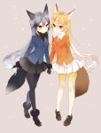  2girls animal_ears arm_behind_back beige_background black_bow black_bowtie black_gloves black_legwear black_necktie black_skirt blue_hair blue_jacket blush bow bowtie breast_pocket brown_eyes brown_gloves brown_shoes buttons closed_mouth eye_contact ezo_red_fox_(kemono_friends) fox_ears fox_tail full_body fur-trimmed_sleeves fur_trim gloves gradient_hair hair_between_eyes hand_holding highres jacket kemono_friends loafers long_hair looking_at_another looking_at_viewer multicolored multicolored_clothes multicolored_hair multicolored_legwear multiple_girls naoto_(tulip) necktie orange_jacket pantyhose pleated_skirt pocket shoes silver_fox_(kemono_friends) silver_hair simple_background skirt smile standing tail tareme very_long_hair white_hair white_legwear white_skirt yellow_legwear yellow_necktie 