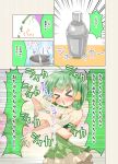  &gt;_&lt; 1girl ahoge bangs blush cafe-chan_to_break_time closed_eyes comic dress emphasis_lines eyebrows_visible_through_hair green_dress green_hair hair_tubes midori_(cafe-chan_to_break_time) porurin_(do-desho) shaking short_hair solo tea translation_request 