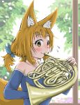  absurdres animal_ears blonde_hair blue_dress blue_ribbon blush doitsu_inu dress fox fox_ears fox_tail french_horn hair_ribbon highres instrument looking_at_viewer music original playing_instrument ribbon strapless strapless_dress sweat sweatdrop tail tree twintails 