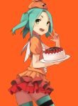  &gt;:d 1girl :d birthday_cake blush cake cowboy_shot food from_side fruit green_eyes green_hair head_tilt highres monogatari_(series) ononoki_yotsugi open_mouth orange_background orange_shirt puffy_short_sleeves puffy_sleeves shirt short_sleeves simple_background skirt smile solo sonzai_soumei strawberry striped striped_legwear thigh-highs tray twintails w 