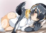  1girl bed bed_sheet black_hair blush breasts brown_eyes closed_mouth dutch_angle emperor_penguin_(kemono_friends) hair_over_one_eye headphones highres hood hoodie kemono_friends large_breasts leotard long_hair looking_at_viewer lying multicolored_hair on_side open_clothes pillow sangyou_haikibutsu_a shiny shiny_clothes shiny_hair shiny_skin smile solo tail thigh-highs white_legwear white_leotard 