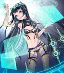  1girl :d arm_up bangs binary black_bra black_hair black_legwear black_panties blunt_bangs bodysuit bra cat_ear_headphones fang g.g.lemon guilty_crown hand_up headphones headset highres hime_cut holographic_interface long_hair looking_at_viewer navel open_mouth panties revealing_clothes science_fiction see-through sidelocks smile solo straight_hair tsugumi_(guilty_crown) underwear 