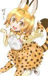  1girl :d animal_ears bare_shoulders blonde_hair blush bow bowtie claw_pose elbow_gloves gloves highres kemono_friends looking_at_viewer mamehamu open_mouth paw_pose serval_(kemono_friends) serval_ears serval_print serval_tail short_hair simple_background skirt sleeveless smile solo tail thigh-highs white_background 