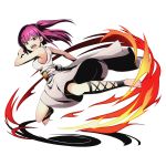 1girl ankle_lace-up barefoot breasts cross-laced_footwear divine_gate dress fire full_body long_hair looking_at_viewer magi_the_labyrinth_of_magic medium_breasts morgiana official_art purple_hair red_eyes shadow sideboob simple_background sleeveless sleeveless_dress solo transparent_background ucmm white_dress 