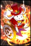  ball belt chains gears gl_ztoh hat hat_ornament littre looking_at_viewer no_humans official_art open_mouth outstretched_arms pocket_watch red_hat red_suit soccer_ball soccer_spirits top_hat watch 