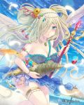  1girl :o armlet beach beach_umbrella beads blonde_hair blue_skirt blue_sky bow bracelet breasts carrying cleavage conch day dutch_angle falkyrie_no_monshou flower gem green_eyes hair_beads hair_flower hair_ornament hair_over_one_eye hair_rings jewelry large_breasts long_hair looking_at_viewer necklace official_art outdoors seashell seashell_hair_ornament shell skirt sky sleeveless solo soukuu_kizuna standing starfish tassel thigh-highs umbrella wand watermark white_legwear 