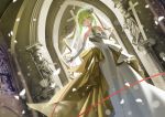  1girl bridal_veil bride cross_akiha dress elbow_gloves gloves green_eyes green_hair gumi looking_at_viewer red_string short_hair_with_long_locks solo string tiara veil vocaloid wedding_dress 