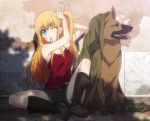  1girl armpits black_legwear black_shorts blonde_hair blue_eyes boots charlotte_(anime) dog eyebrows_visible_through_hair german_shepherd highres kneehighs long_hair mouth_hold nishimori_yusa one_eye_closed outdoors red_shirt shadow shirt short_shorts shorts sitting sleeveless sleeveless_shirt solo tying_hair 