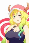  1girl 2017 bai_banca bangs bare_shoulders baseball_cap black_shirt blonde_hair blue_hair blush breasts cleavage collarbone dated dragon_girl dragon_horns eyebrows_visible_through_hair eyelashes gradient_eyes gradient_hair green_eyes green_hair hand_on_own_chest hand_to_head hand_up hat heterochromia highres horns kobayashi-san_chi_no_maidragon large_breasts long_hair looking_at_viewer multicolored multicolored_eyes multicolored_hair open_mouth pink_hat quetzalcoatl_(maidragon) shirt signature sleeveless sleeveless_shirt slit_pupils smile solo tank_top upper_body violet_eyes wavy_hair yellow_pupils 