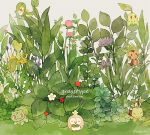  ^_^ bulbasaur chespin chikorita closed_eyes clover clover_(flower) cover cover_page doujin_cover flower food fruit lowres no_humans pechika plant plant_request pokemon pokemon_(creature) red_eyes rowlet smile snivy strawberry treecko turtwig twitter_username 