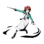  1girl black_necktie brown_eyes chiba_erika divine_gate dress full_body green_jacket holding jacket looking_at_viewer mahouka_koukou_no_rettousei necktie official_art redhead shadow short_hair smile solo spiky_hair transparent_background ucmm white_dress 