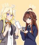  2girls :i ahoge atsushi_(aaa-bbb) black_necktie blazer blonde_hair blouse blue_eyes blue_sweater brown_hair cosplay cup darjeeling darjeeling_(cosplay) double_bun dress_shirt eating girls_und_panzer hair_between_eyes hair_ornament hairband highres iowa_(kantai_collection) jacket kantai_collection kay_(girls_und_panzer) kay_(girls_und_panzer)_(cosplay) kongou_(kantai_collection) long_hair looking_at_viewer multiple_girls necktie saunders_school_uniform school_uniform shirt simple_background st._gloriana&#039;s_school_uniform star star-shaped_pupils sweater symbol-shaped_pupils teacup v-neck white_blouse white_shirt 