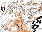  1girl alternate_hairstyle bird cup eurasian_tree_sparrow fujiwara_no_mokou mitsumoto_jouji monochrome open_mouth sleeves_rolled_up sparrow spilling surprised touhou translation_request 