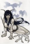  1girl adam_hughes antennae black_hair breasts cleavage dress grey_background highres large_breasts long_hair mantis_(marvel) marvel solo white_dress 