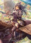  1girl armor bangs belt brown_eyes company_connection copyright_name cuboon dress eyebrows_visible_through_hair field fire_emblem fire_emblem:_kakusei fire_emblem_cipher flower flower_field gauntlets green_hair holding holding_weapon horseback_riding lance long_hair looking_at_viewer official_art outdoors pegasus pegasus_knight petals polearm riding short_dress smile solo sumia thigh-highs weapon wings zettai_ryouiki 