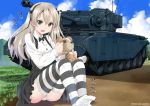  1girl bandage bangs black_bow black_bowtie black_legwear black_skirt boko_(girls_und_panzer) bow bowtie brown_eyes casual centurion_(tank) clouds cloudy_sky collared_shirt commentary day dirt_road embarrassed full_body girls_und_panzer grass ground_vehicle hair_ribbon holding holding_stuffed_animal keisuke_asuka layered_skirt light_brown_hair long_hair long_sleeves looking_at_viewer military military_vehicle motor_vehicle no_shoes open_mouth outdoors panties pantyshot ribbon shimada_arisu shirt side_ponytail sitting skirt sky solo striped striped_legwear stuffed_animal stuffed_toy suspender_skirt suspenders tank teddy_bear thigh-highs twitter_username underwear wavy_mouth white_panties white_shirt 