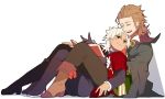  2boys beard brown_hair caster_of_red dark_skin facial_hair fate/apocrypha fate/grand_order fate_(series) gloves grey_eyes hug kotomine_shirou looking_at_another male_focus multiple_boys short_hair simple_background smile white_background white_hair yaoi 