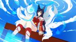  1girl ahri animal_ears bare_shoulders black_hair breasts clouds collarbone detached_sleeves energy_ball facial_mark fox_ears fox_tail korean_clothes large_breasts league_of_legends long_hair looking_at_viewer multiple_tails savi_(byakushimc) sitting slit_pupils solo tail water whisker_markings yellow_eyes 