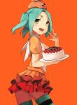  &gt;:d 1girl :d birthday_cake blush cake cowboy_shot food from_side fruit green_eyes green_hair head_tilt highres monogatari_(series) ononoki_yotsugi open_mouth orange_background orange_shirt puffy_short_sleeves puffy_sleeves shirt short_sleeves simple_background skirt smile solo sonzai_soumei strawberry striped striped_legwear thigh-highs tray twintails w 