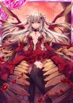  1girl akkijin bare_shoulders black_legwear blonde_hair blood blood_on_breasts blood_on_face breasts choker crown dress elbow_gloves flower full_moon glint gloves hair_flower hair_ornament jewelry low_wings medium_breasts moon multiple_wings navel red_dress red_eyes red_moon red_rose rose shinkai_no_valkyrie silver_hair solo strapless strapless_dress thigh-highs two_side_up vampire_victoria_(shinkai_no_valkyrie) watermark wings 