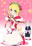 1boy 1girl ahoge antenna_hair bag cape fate/apocrypha fate/extra fate_(series) full_body hat koshiro_itsuki lancer_of_black long_hair looking_at_viewer one_eye_closed saber_extra santa_costume santa_hat short_hair smile translation_request younger 