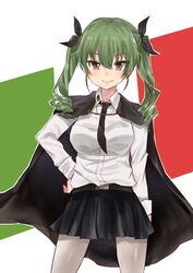  1girl absurdres anchovy anzio_school_uniform arm_behind_back bangs belt black_necktie black_ribbon black_shoes black_skirt brown_eyes cape closed_mouth cowboy_shot dress_shirt drill_hair flag_background girls_und_panzer green_hair hair_ribbon hand_on_hip highres hoshimiya_nazuna italian_flag loafers long_hair long_sleeves looking_at_viewer miniskirt necktie pantyhose pleated_skirt ribbon school_uniform shirt shoes skirt smile solo standing twin_drills twintails white_legwear white_shirt 