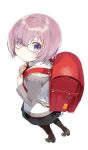  1girl backpack bag black_dress black_legwear blush dress fate/grand_order fate_(series) from_above glasses hair_over_one_eye highres jacket loafers looking_at_viewer mamehamu necktie pantyhose purple_hair randoseru shielder_(fate/grand_order) shoes short_hair simple_background solo violet_eyes white_background younger 