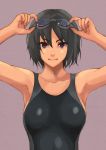  1girl amagami armpits arms_up black_hair brown_eyes competition_swimsuit facing_viewer goggles goggles_on_head grey_background nanasaki_ai one-piece_swimsuit short_hair simple_background smile solo swimsuit tomoshiki upper_body 
