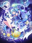  1girl bangs blue_dress blue_eyes blue_gloves blue_hair blush chiericyan constellation constellation_print crossed_bangs dress fingerless_gloves floating_hair full_body gloves hair_between_eyes hatsune_miku highres holding holding_wand knees_up legs_apart long_hair looking_at_viewer open_mouth plantar_flexion rabbit sidelocks smile snowflakes solo star starry_sky_print teeth twintails very_long_hair vocaloid wand yuki_miku yukine_(vocaloid) 