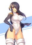  1girl black_hair black_jacket breasts brown_eyes covered_navel cowboy_shot emperor_penguin_(kemono_friends) hair_over_one_eye headphones highleg highleg_leotard highres ikomochi impossible_clothes impossible_leotard jacket kemono_friends leotard lips long_hair looking_at_viewer multicolored_hair solo standing thigh-highs white_legwear white_leotard 